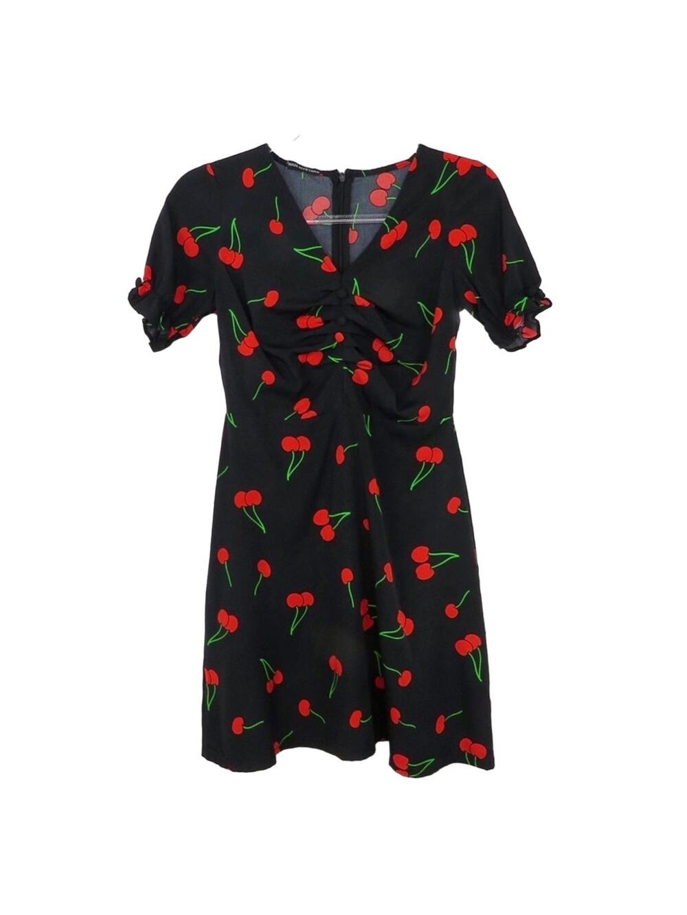 1990s Vintage Black Sweetheart Cherry Pattern A-Line Short Sleeve Mini Dress XS